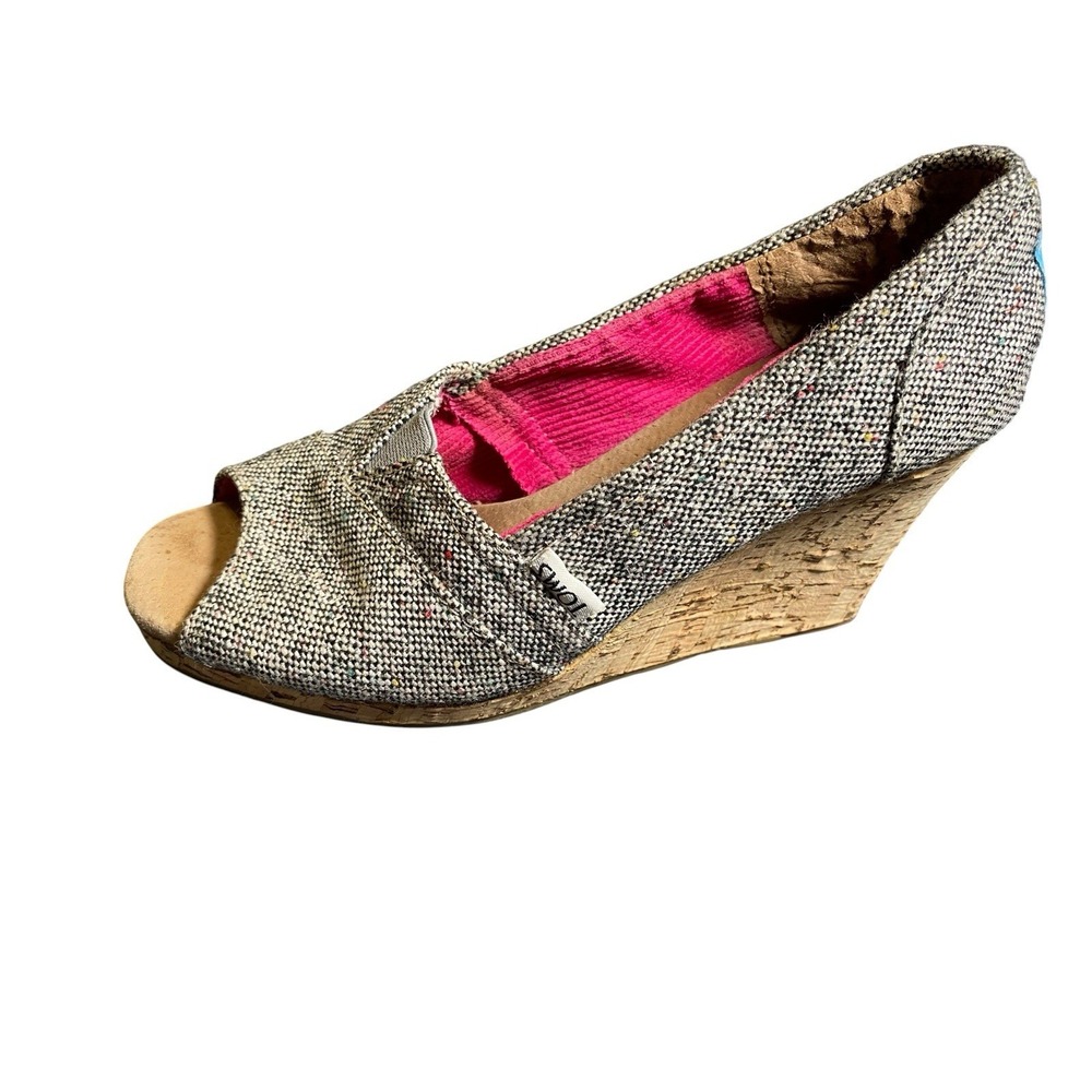 TOMS Womens Wedge Heels Size 6.5 M Peep Toe Tweed Cork Platform Sandals Hot Pink